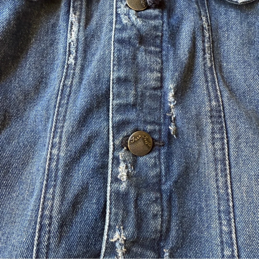 Free People Dark Denim Jean Jacket with Heathered Gray Knit Sleeves